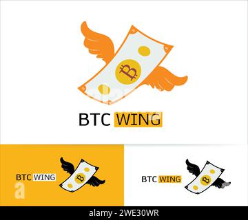 Logo Bitcoin Kryptowährung Geld Gold und Flügel, Währung digitale Münze für Verlust Financail Konzept, Cash und Flügel fliegen Konzept, Symbol Bitcoin Geld Wit Stock Vektor
