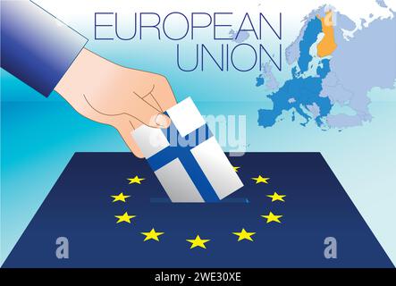 Europäische Union, Wahlbox, Wahlen zum Europäischen parlament, finnische Flagge und Karte, Vektorillustration Stock Vektor