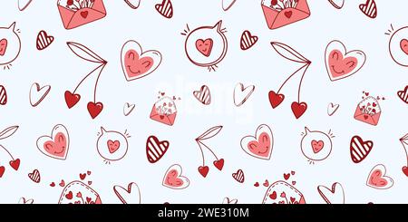 Nahtloses Muster zum Valentinstag mit Herz- und Liebeselementen auf weißem Hintergrund. Vektor Doodle Thema Set, Romantik für Karten, Banner, Flyer, Stock Vektor