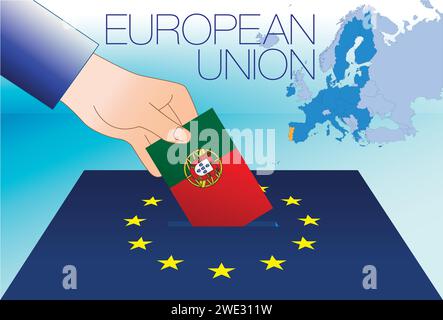 Europäische Union, Wahlbox, Wahlen zum Europäischen parlament, portugiesische Flagge und Karte, Vektorillustration Stock Vektor