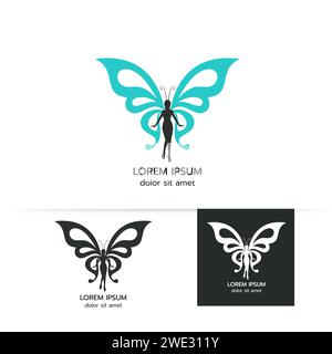 Stilisiertes Bild der Schmetterling-Logo-Vorlage auf weißem Hintergrund, Schönheit fliegende Frauen Schmetterling-Logo-Design isolieren Vektor-Illustration Stock Vektor