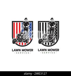 Rasenmäher Service Logo Symbol isoliert mit amerika Flagge, Rasenmähen schneiden Gras, Gärtner Service Logo Symbol isoliert auf weißem Hintergrund Vektor illus Stock Vektor