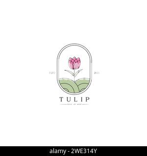 Schöne einfache Tulpenknospe mit Blättern Design für Logo, stilisiertes Bild der Tulpenknospe Logo Vorlage, Tulpenlinie Kunst minimal auf weißem Hintergrund Vektor i Stock Vektor