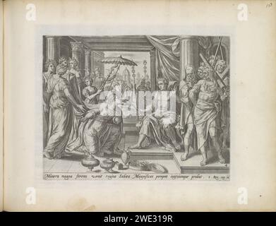 Salomo empfängt die Königin von Seba, 1643 Druck die Königin von Seba kniet für den Thron von Salomos. Hinter ihr ist ihr Gefolge. Geschenke werden im Vordergrund angezeigt. Unter der Show ist ein Hinweis auf den Bibeltext in 1 Kon in lateinischer Sprache zu sehen. 10. Dieser Ausdruck ist Teil eines Albums. Amsterdamer Papierstich Salomo und die Königin von Saba (1 Könige 10:1-3; 2 Chroniken 9:1-9) Stockfoto