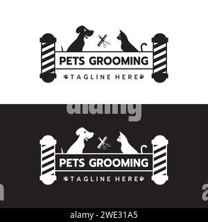 Logo des Haustier-Friseursalons, Styling und Pflege Shop, Geschäft für Hunde und Katzenpflege Services Logo auf weißem Hintergrund Vektor-Illustration Stock Vektor