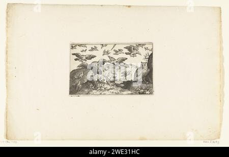 Stehende Eulen und Eulen, die von Vögeln angegriffen werden, Anonym, nach Nicolaes de Bruyn, 1581–1652 drucken rechts eine stehende Eulen. Links eine Eule, die einen jungen Vogel gefangen hat und von anderen Vögeln angegriffen wird. Gebrochen gegen Drucke aus der Serie bei Orn Cat I-37,8 Amsterdam (möglicherweise) Papiergravur Stockfoto