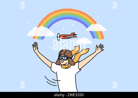 Junge mit Fliegerhut träumt davon, Pilot zu werden und als Flieger zu arbeiten, und steht mit Händen in der Nähe des Regenbogens am Himmel. Kind Pilot mag Fantasien über zukünftige Karriere in der Flugzeugbranche. Stock Vektor