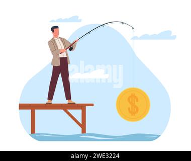 Der Mensch macht Gewinn. Geschäftsmann benutzt Angelrute, um Goldmünzen zu fangen. Geld erfolgreich. Finanzeinnahmen. Bargeld am Haken. Fischer am Piers. Wirtschaftlichkeit Stock Vektor
