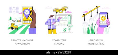 Internet der Dinge in der Landwirtschaft isolierte Comic-Vektor-Illustrationen Set. Ferngesteuerte Maschinennavigation, Computerbildgebung, Bewässerungsüberwachung, Sensorsteuerung, Smart-Farming-Vektor-Cartoon. Stock Vektor