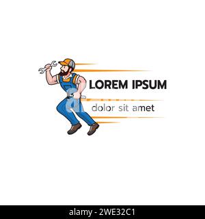 Mechanic man Logo, Handwerker für Service, Reparaturmann oder Wartung Maskottchen Konzept Cartoon Charakter Design isoliert auf weißem Hintergrund Vektor Illustra Stock Vektor