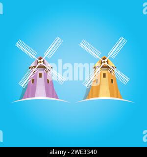 Satz von Windmühle Cartoon auf blauem Himmel Hintergrund Vektor Illustration Stock Vektor
