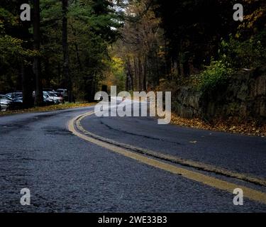 Eine Straße in einem bewaldeten Gebiet mit einer Reihe geparkter Autos am Straßenrand Stockfoto