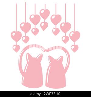 Rosafarbene Katzen in Liebe unter einer Herzgirlande. Valentinstag-Konzept. Vektorillustration isoliert auf weißem Hintergrund. Vektorabbildung Stock Vektor