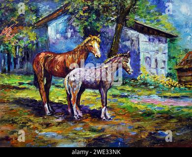 Handgemalte Original-Meisterwerke des Impressionismus Maler Kunst Ölmalerei Pferd und Pony im Zoo Stockfoto