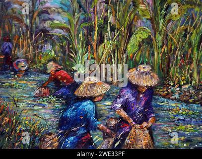 Professioneller Künstler handgemalt Original Impressionismus Meisterwerke Maler Kunst Malerei Ölfarbe ländliches Leben Hand Angeln Farmer Landschaft Blick Stockfoto