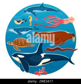 Zeichentrickfilme Meerestiere, Vektorfische und Unterwassertiere. Süße Tintenfische, Delfine, Seepferdchen, Killerwal oder Orca. Krabben, Meeresschildkröten, Pufferfische, Aale, Robben und Walrosse im blauen Kreis der Wasserwellen Stock Vektor