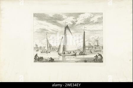 Dutch Ice Cracks mit Koog aan de Zaan im Hintergrund, ca. 1775, Simon Fokke, nach L. Loosjes, 1774–1776 Print Winter Face with Dutch Ice Boats. Eiscremes, Schlitten und Skater auf dem gefrorenen Zaan, im Hintergrund Mühlen und Häuser von Koog aan de Zaan, CA. 1775. Die Mühlen sind von links nach rechts: Oliemolen de Reus, Loodwitmolen de Rob, Pelmolen de Pelikaan und Oliemolen de Christoffel von Brotkorb. Die beiden letztgenannten Mühlen standen auf dem sogenannten boger Ham. Nordniederländische Papierätzung Wintersport. Eissegeln (Wintersport) Zaan. Zaandam Stockfoto