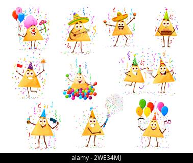 Cartoon Nachos Chips Charaktere zum Geburtstagsfeiertag. Mexikanische Küche knusprige Hütte fröhlicher Clown und Musiker Persönlichkeiten, lustige Nachos mit Klatscher, Geburtstagskuchen, Salsa Dip und Ballons Stock Vektor