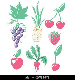 Ein Satz Beeren und Früchte in Form von Herzen. Vektorillustration isoliert auf weißem Hintergrund. Vektorabbildung Stock Vektor