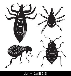 Insektenparasiten, Kopflaus, Schamlaus, Floh, Bettwanzen. Satz einfacher Symbole in schwarzer Silhouette. Vektordarstellung isoliert auf Stock Vektor