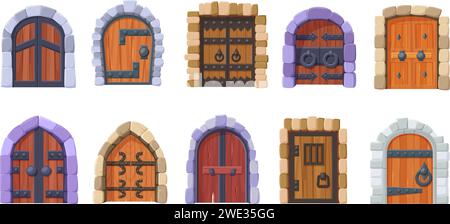 Mittelalterliche Cartoon-Türen. Alte Schlosstür, Eingang aus Steintoren. Vintage Holzeingänge mit Metalldetails, Kerkertür heute Vektor Clipart Stock Vektor