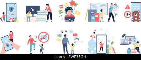 Übergeordnete digitale Steuerung. Gadget-freie und Low-Tech-Erziehung und -Bildung. Internetinhalte für Kinder, Begrenzung der Bildschirmzeit auf den letzten Vektorszenen Stock Vektor