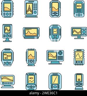 Echolot-Symbole eingestellt. Skizzieren Sie einen Satz von Echolot-Vektor-Symbolen dünne Linie Farbe flach auf weiß Stock Vektor