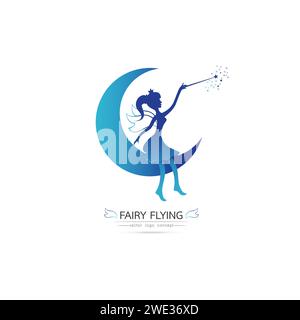 Feen Fliegen Logo Vektor Symbol Cartoon Stil. Elegante Fairy Silhouette mit magischem Zauberstab und magischem Funkeln auf dem Mond. Vektorillustratio Stock Vektor