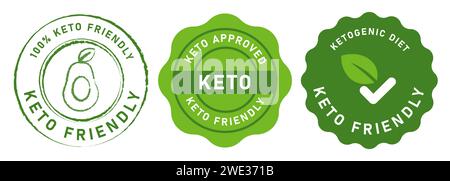 Keto Friendly Food ketogene Diät Emblem Aufkleber Siegel Set Verpackung rund Stempel grün Farbe Stock Vektor