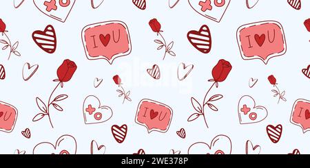 Nahtloses Muster zum Valentinstag mit Herz- und Liebeselementen auf weißem Hintergrund. Vektor Doodle Thema Set, Romantik für Karten, Banner, Flyer, Stock Vektor