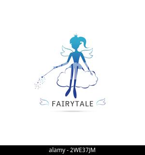 Feen Fliegen Logo Vektor Symbol Cartoon Stil. Elegante Fairy Silhouette mit magischem Zauberstab und magischem Funkeln auf der Wolke. Vektorillustraten Stock Vektor