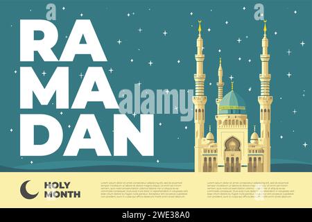 Islamischer heiliger Monat Ramadan Kareem horizontales Banner. Moschee auf arabischem Arabesken-Muster. Muslimisches Weihnachtsdesign. Islamfeier Moderne trendige Kunstvorlage. EID Mubarak Vektor EPS Illustration Stock Vektor