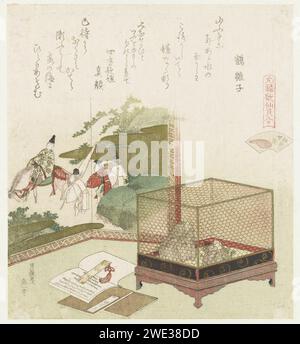 Waterloze Schelp, Katsushika Hokusai, 1821 Frösche sitzen auf Steinen in einem Käfig. Hinter einem Weltraumschirm mit dem Bild eines Mannes auf dem Rücken, begleitet von Dienern. Die drei Bücher auf dem Boden beziehen sich auf eine Sammlung von Gedichten aus dem 15. Jahrhundert. Das Bild auf dem faltbaren Bildschirm bezieht sich auf General Minamoto No Yoshiie am IDE River. Die Frösche, die sich nicht im Wasser, sondern auf Steinen befinden, beziehen sich auf den Titel des Abdrucks. Mit zwei Gedichten. Japanische Papierfarbe Holzschnitt schwanzlose Amphibien: Frosch Stockfoto