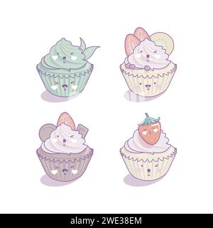 Cupcake Charakter nette Karikatur Kawaii Stil, süße Kuchen Maskottchen auf weißem Hintergrund Vektor Illustration Stock Vektor