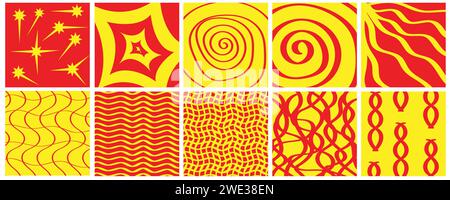 Set abstrakter roter und gelber Hintergründe im psychedelischen Stil. Vektorabbildung. Stock Vektor