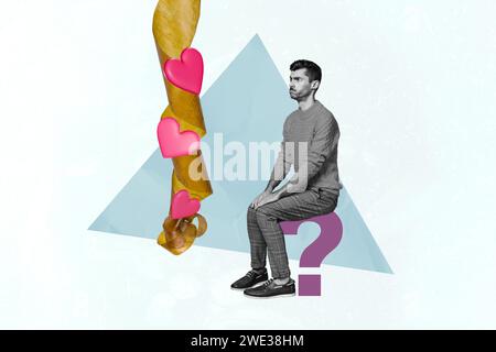 Horizontale surreale Fotocollage des jungen, traurigen Alleinstehenden in schwarz-weißem Gamma sitzen auf großen Fragezeichen Blick auf Klebeband Insektenfänger mit Herzen Stockfoto