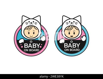 Logo-Symbol für das Baby-an-Bord-Schild. Warnemblem für Kindersicherheitsaufkleber. Niedliche Baby Sicherheit Design Illustration, lustige kleine lächelnde Jungen und Mädchen tragen Katze s Stock Vektor