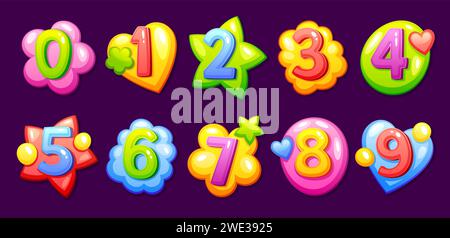 Kindliche Zeichentricknummern. Kind Fun Zahl Schriftart verrückte numerische nette Typografie für Baby Alter Schule Kinder Spielzeug, nummeriertes Doodle englisches mathematisches Zeichen, neoterische Vektor Illustration des Zeichentrickers lustig Stock Vektor