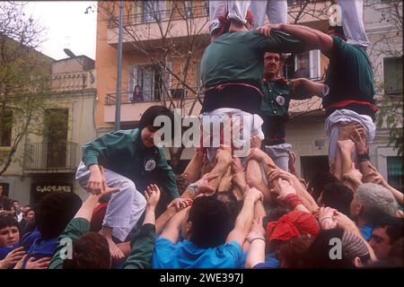 Castell menschlicher Turm, aufgenommen 2005, Placa del Sol, Gracia, Barcelona, Katalonien, Spanien, Europa Stockfoto