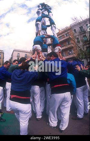 Castell menschlicher Turm, aufgenommen 2005, Placa del Sol, Gracia, Barcelona, Katalonien, Spanien, Europa Stockfoto