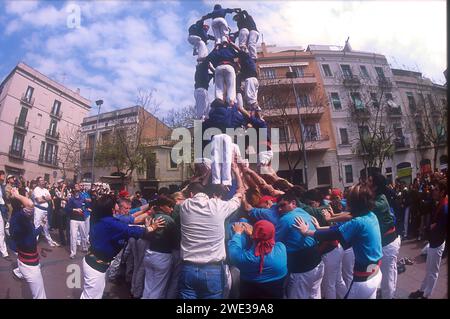 Castell menschlicher Turm, aufgenommen 2005, Placa del Sol, Gracia, Barcelona, Katalonien, Spanien, Europa Stockfoto