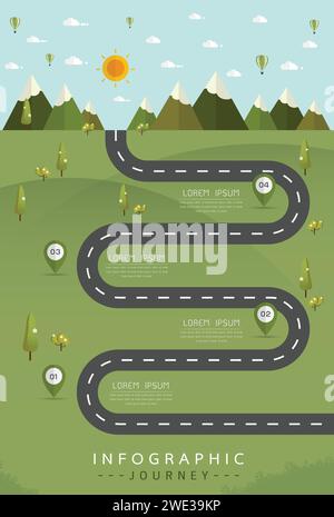 Straße mit Markierungen, Vorlage für Vektor-Infografiken. Gewundene Straße in grünen Feldern und Bergen. Ländliche Straße flacher Stil .Landschaft Hintergrund Vektor illus Stock Vektor