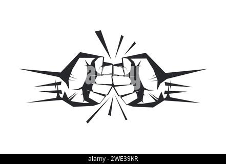 Zwei geballte Fäuste, die zusammenstoßen. Das Konzept von Konflikt, Konfrontation, Widerstand, Wettbewerb, Kampf. Handgezeichnet isoliert auf weißem Hintergrund Stock Vektor