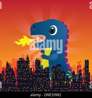 Niedlicher Godzilla Monster Charakter in der Stadt auf weißem Hintergrund Vektor Illustration Stock Vektor