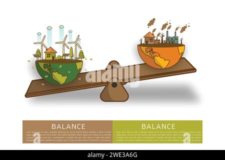 Der Unterschied von Umwelt Landschaft Fabrik und Wald, grüne Erde - ökologisches Konzept grüne Information mit Welt Globus auf einer Skala . Balance Co Stock Vektor