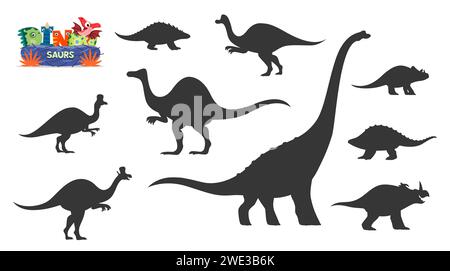 Niedliche Dinosaurier Cartoon-Figuren Silhouetten. Nodosaurus, Hypacrosaurus, Lambeosaurus und Titanosauria, Centrosaurus, Panoplosaurus, Avaceratops und Deinocheirus, Corythosaurus-Vektor-Silhouetten Stock Vektor