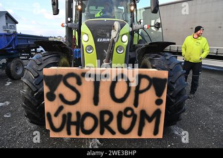 Horni Tosanovice, Tschechische Republik. Januar 2024. Am 23. Januar 2024 fand in Horni Tosanovice, Bezirk Frydek-Mistek, Tschechische Republik, eine Protestaktion der tschechischen Bauern aus der Mährisch-Schlesischen Region statt, die gemeinsam mit Bauern gegen die langfristige Unterbewertung der Landwirtschaft in ganz Europa protestierten. Quelle: Jaroslav Ozana/CTK Photo/Alamy Live News Stockfoto