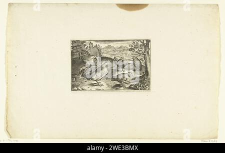 Drei Hühner und zwei Hähne, Anonym, nach Nicolaes de Bruyn, 1581–1652 Druck übergab Kopie zu Druck, die aus der Serie bei Orn Cat I-37,6 Amsterdam (möglicherweise) Papierstich beschrieben wurde Stockfoto