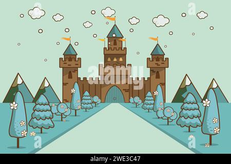 Niedliches Cartoon Fantasy Märchenschloss in einer Winterlandschaft einer sanften Hügel Vektor Illustration Stock Vektor