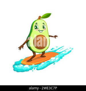 Zeichentrickfilm mexikanischer Avocado Beach Surfer Charakter. Sommerurlaub Frucht lustige Persönlichkeit, Strand Freizeitkonzept mit isoliertem Vektor Avocado fröhlichen Charakter Surfbrett auf Meereswelle reiten Stock Vektor